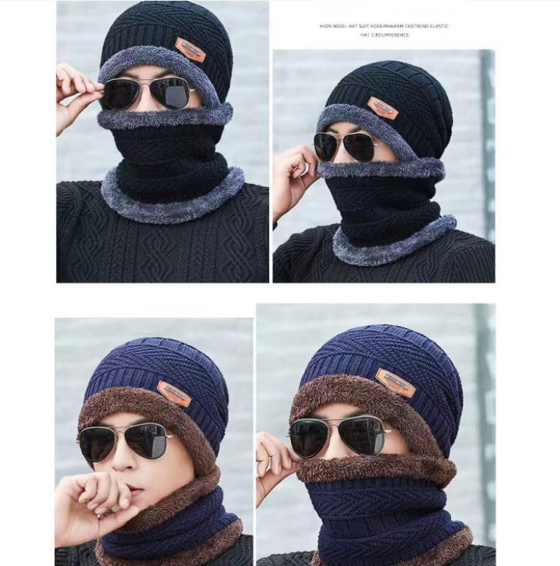 Student Winter Hat Men Warm Winter Thicken Hat And Scarf Two-Piece Knit Windproof Cap Knitted Hat Men's Hat and Neck Set