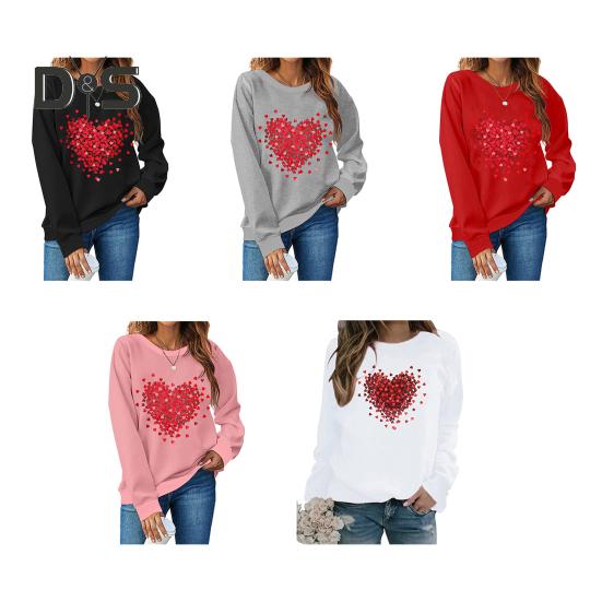 Женская толстовка с капюшоном на День святого Валентина, женская толстовка с принтом в виде сердца, круглый вырез, длинный рукав, свободный пуловер, топы