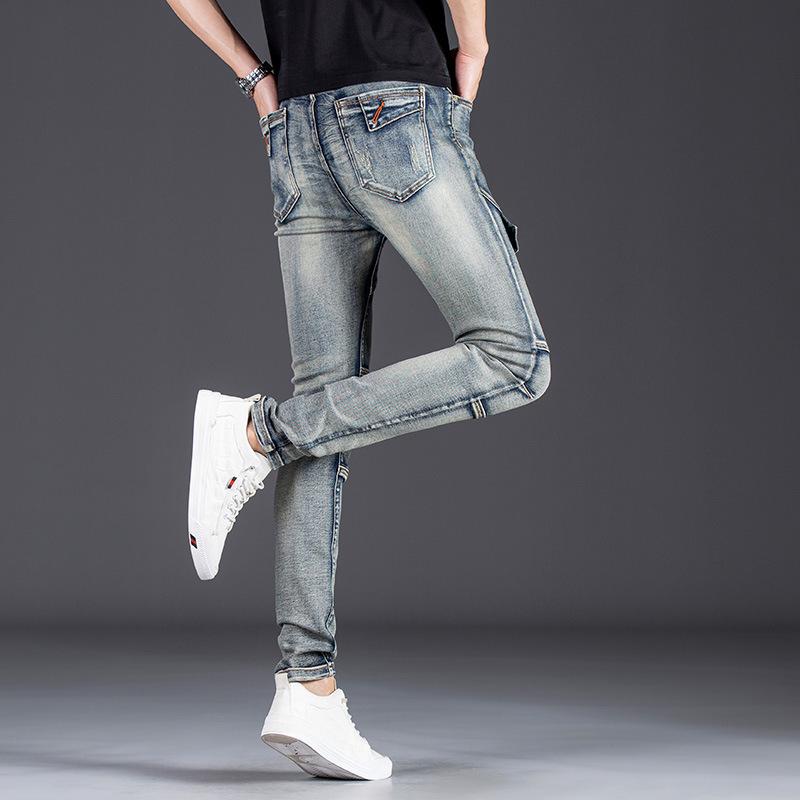 Ностальгические синие эластичные узкие джинсы в мотоциклетном стиле для мужчин - облегающие брюки из денима с модной строчкой