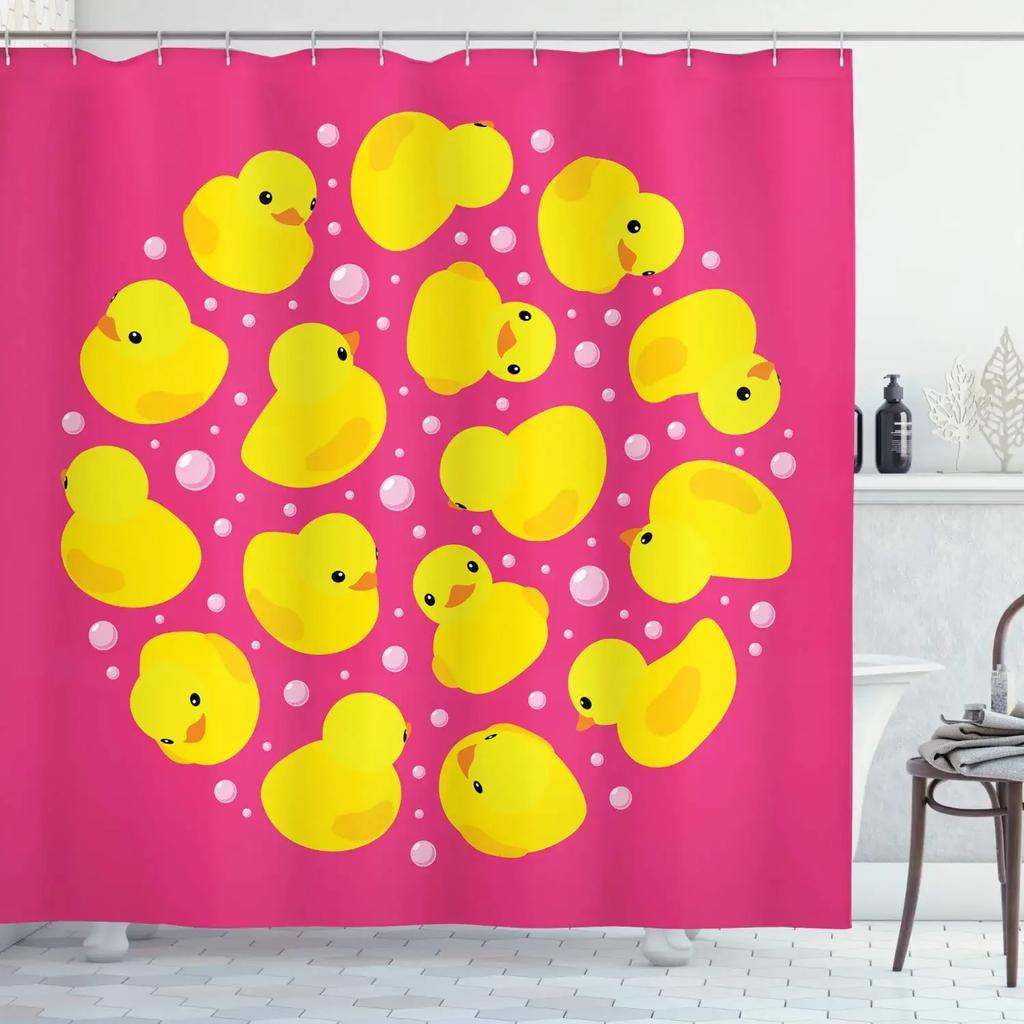 Duck Shower Curtain Cartoon Character Taking A Bath Colorful Drops Backdrop Dots,Cloth Fabric Bathroom Curtains with Hooks
