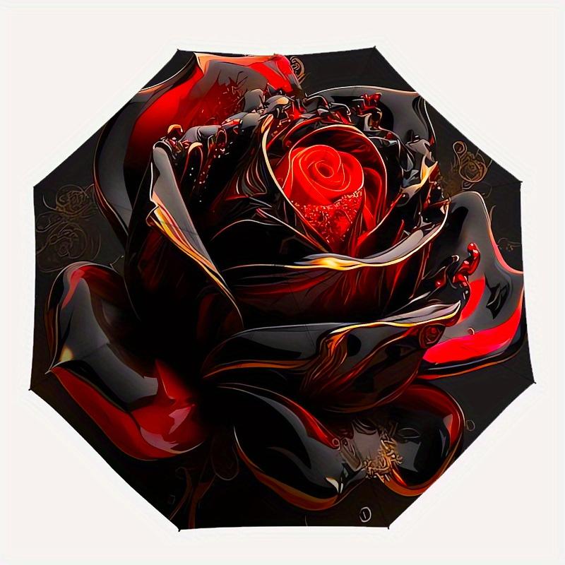 Black Rose Automatic Folding Umbrella 8 Ribs, Durable Iron Frame, Bright Color Pattern Compact Travel Umbrella, Suitable for Outdoor, Beach
