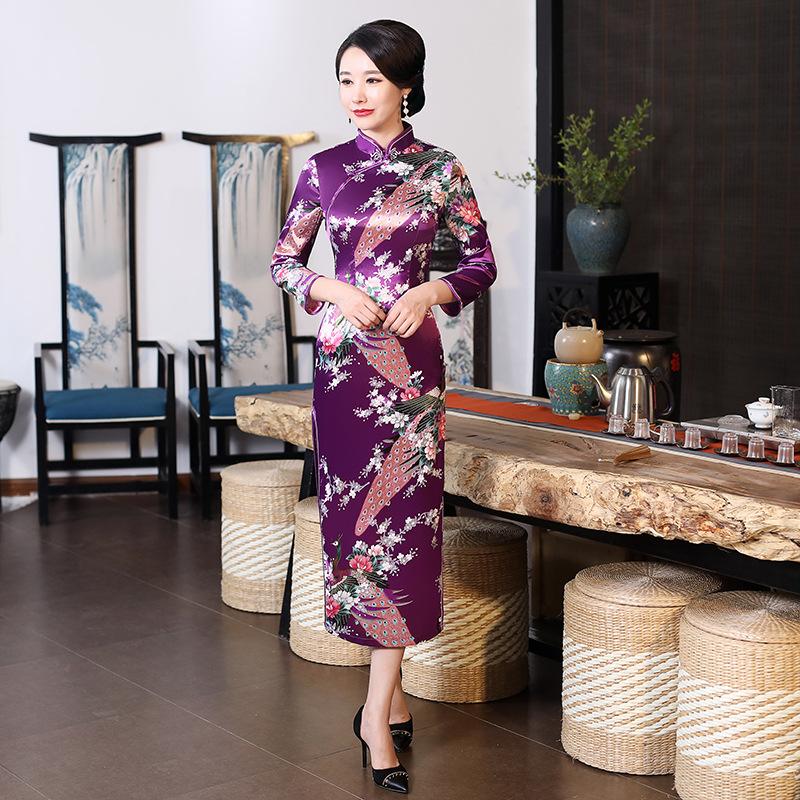 Cheongsam autumn new multi-color peacock pattern long satin large size slim banquet team catwalk