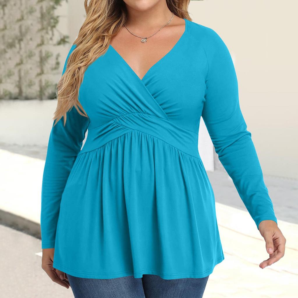 Women's Plus Size Shirt Long Sleeve Solid Color Top Pleated Casual V-Neck Top