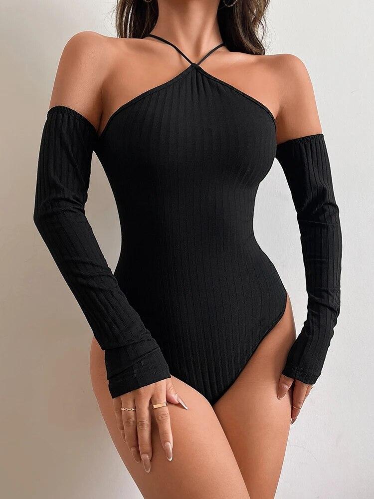 Women's Retro Tight Fitting Sexy Off the Shoulder Slim Black Pullover Long Sleeved Jumpsuit