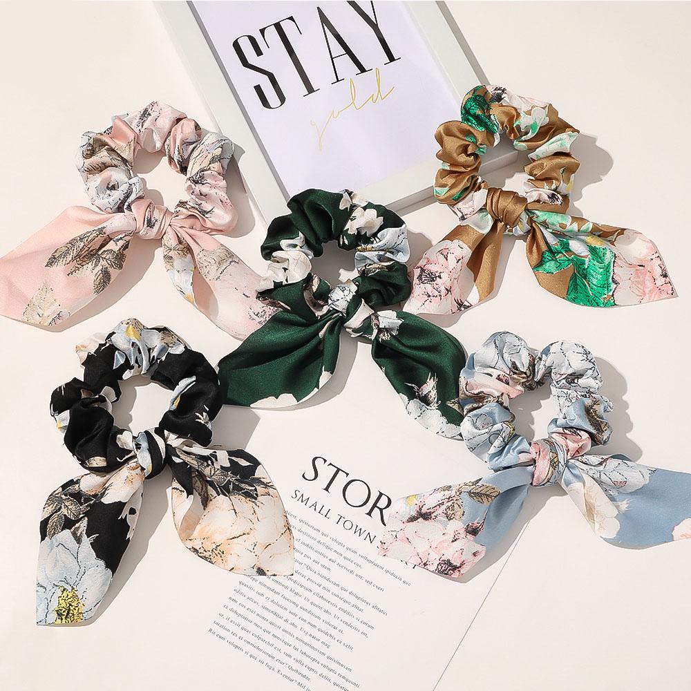 Girls Fashion Bow Print Flower Rabbit Ear Hair Bands Hair Tie Scrunchies Hair Rope Ponytail Hold