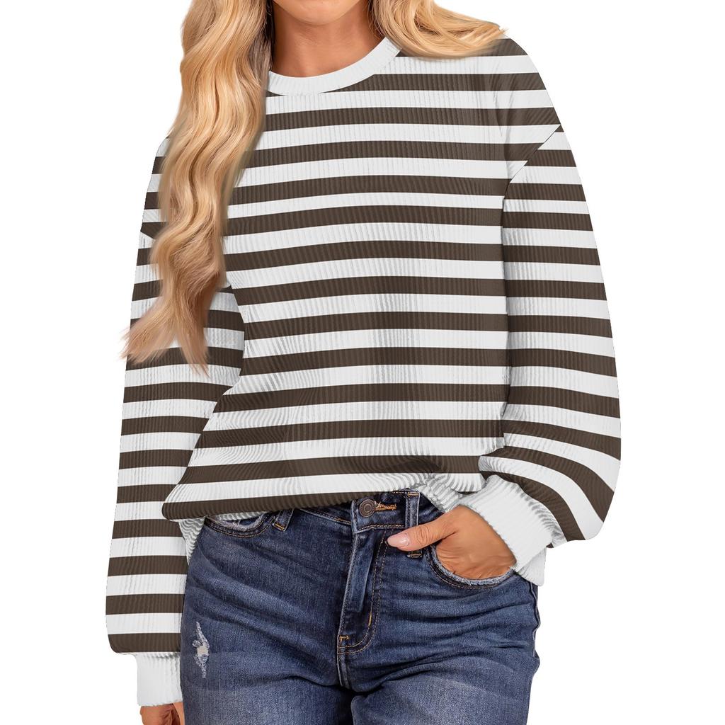 Женские повседневные свободные туники, топы с круглым вырезом, трикотажные ребристые рубашки с принтом, длинный рукав, пуловер, топ