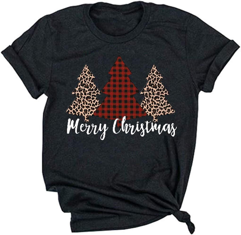 Earlymemb Womens Merry Christmas Tree Leopard Plaid Printed T-Shirt Short Sleeve T-Shirts Tops
