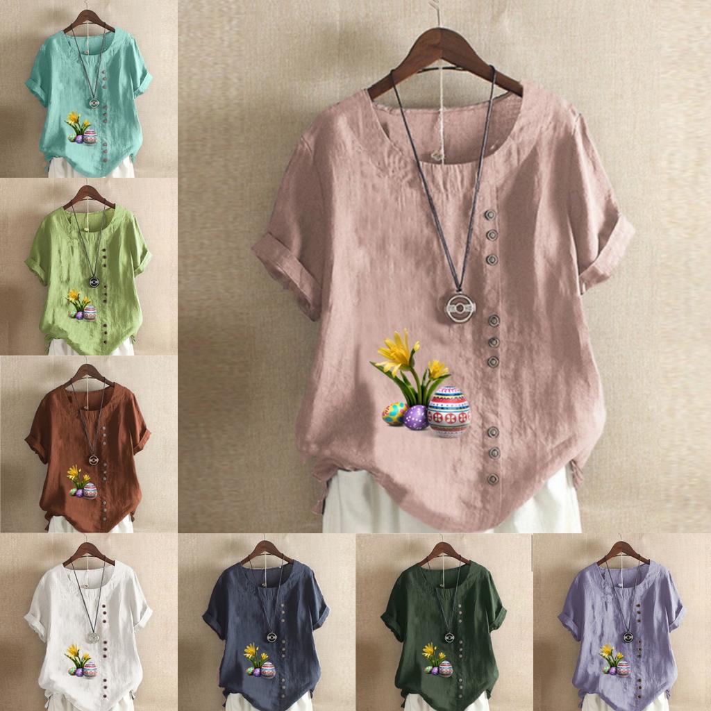 Women's Fashion Round Neck Short Sleeve T-shirt Casual Cotton Linen Graphic Shirt Leisure Loose Flower Prined Summer Blouse Tops