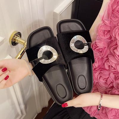 2025 новые сандалии на плоской подошве со стразами бархатные женские туфли модные универсальные повседневные сандалии с перемычкой пляжные крутые