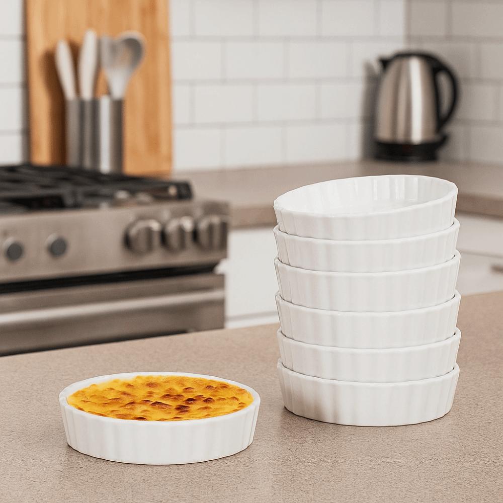 6pcs Kitchen Baking Container Ceramic Creme Brulee Ramekins Round Shallow Tart Baking Pan White Pie Baking Tray Pudding