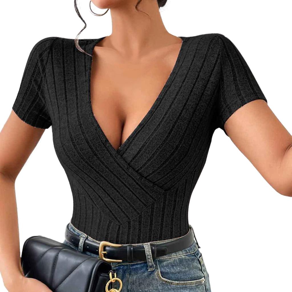 Women's Solid V-neck Sexy Slim Fit Knitted Short Sleeved T-shirt Top