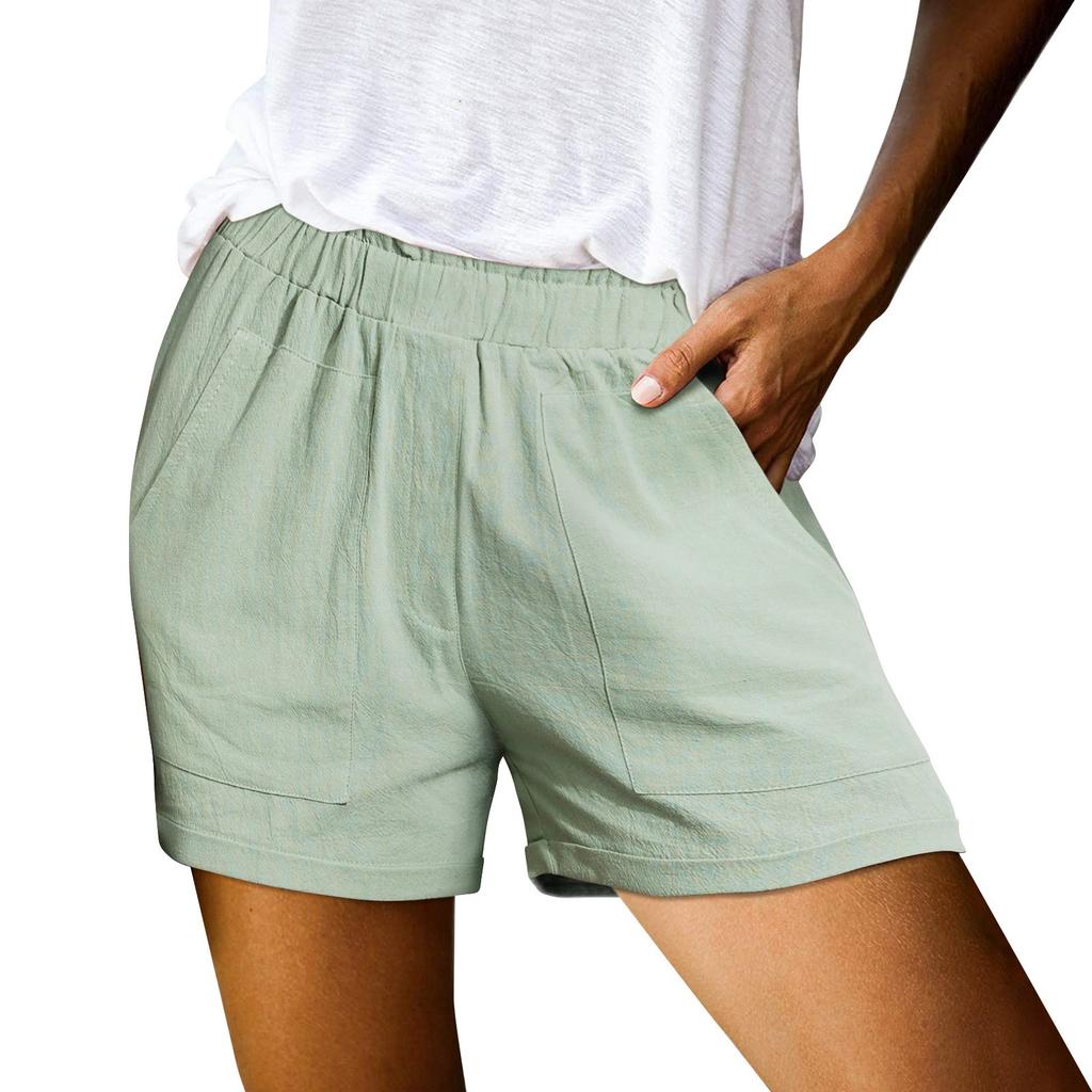 Женские льняные шорты, повседневные широкие брюки, летние рабочие плиссированные шорты с эластичной резинкой на талии, пляжные шорты с карманами