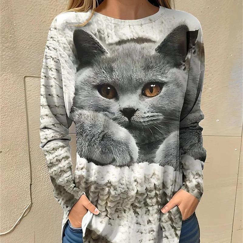 Women's 3d Colorful Cartoon Kawaii Cat Print Autumn Long Sleeve Tops Women's T-Shirt O-Neck Oversized Ladies Clothing