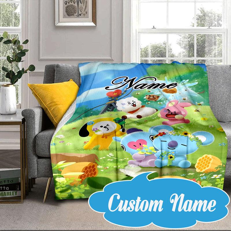 Custom Name BT K-pop Collage Vibes Blanket bed sofa Blanket Flannel Blanket for Camping, Hiking, Picnic Essentials,gift for Fan family