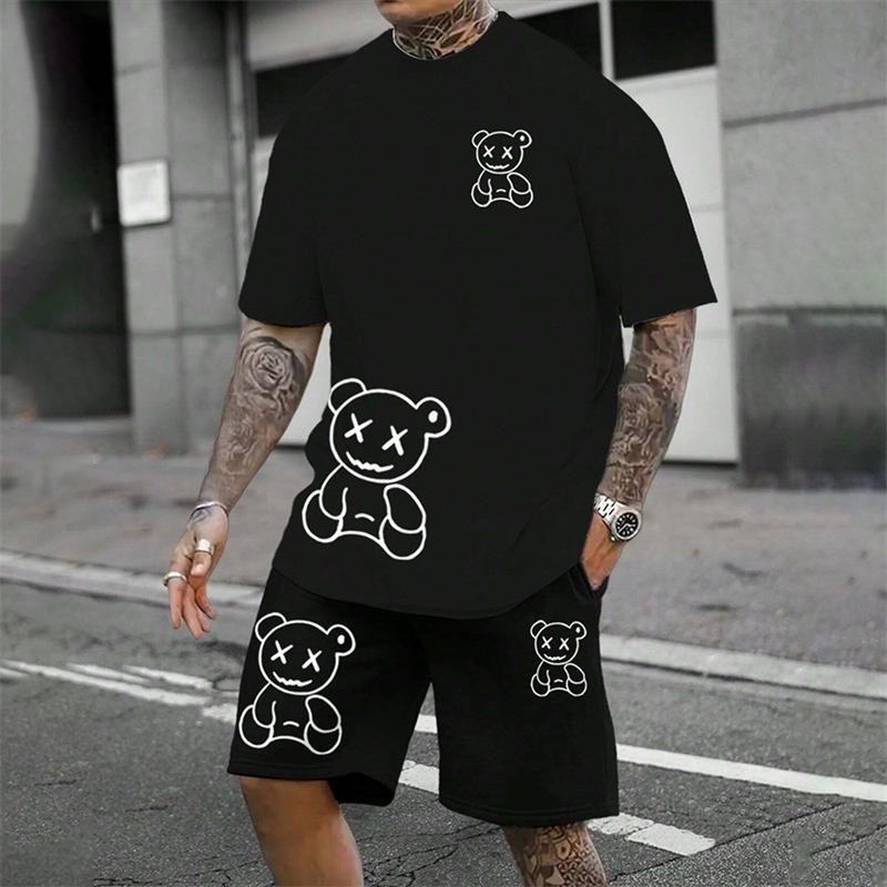 2025 Fun Bear Harajuku футболка мужская летняя свободная повседневная пара костюм для улицы шорты с коротким рукавом двухсекционный мужской летний костюм