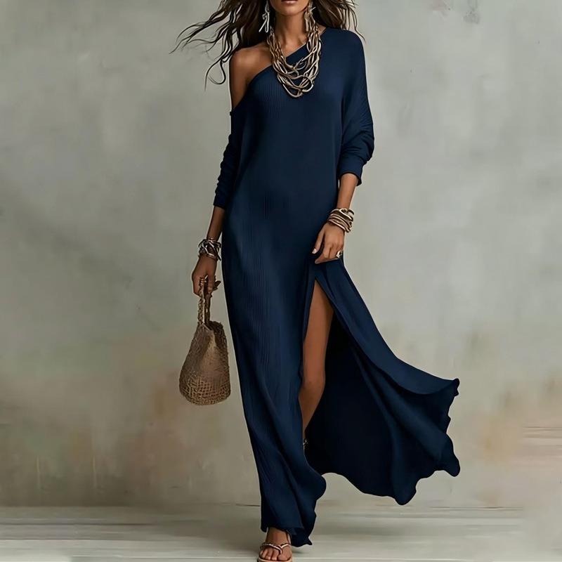 Women S Off Shoulder Slit Solid Fitted Long Dress Street Style