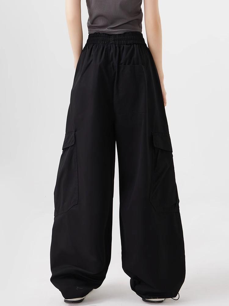 Women Big Pockets Cargo Pants Y2k High Elastic Waist Drawstring Baggy Trousers Vintage Casual Loose Wide Leg Straight Pants