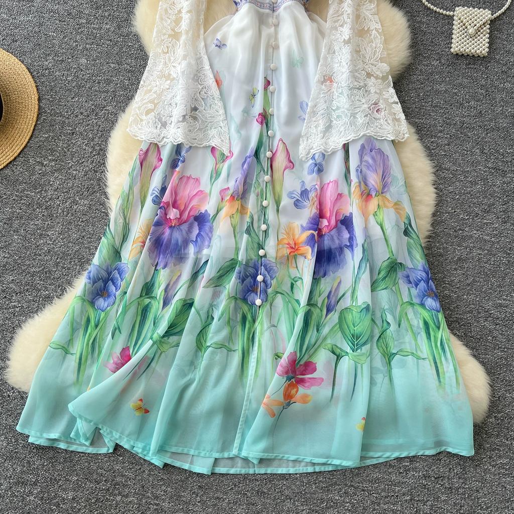 Весна Осень Женские Элегантные Кружева Расклешенные Рукава Глубокий V-образный Вырез Принт Длинные Макси Праздничные Платья Для Вечеринок