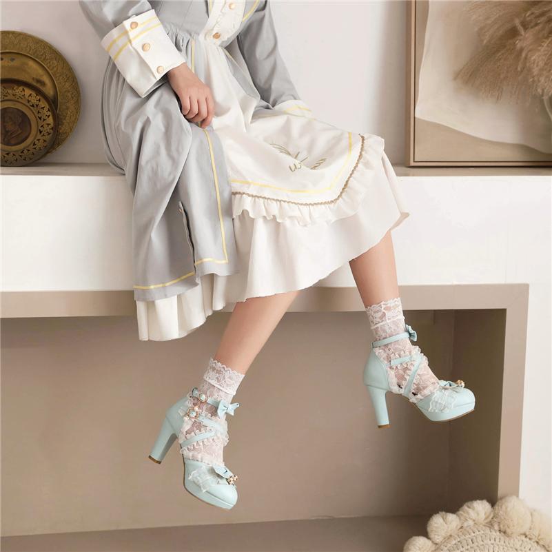 Туфли-лодочки в стиле Лолита с ремешком на щиколотке, кавайные туфли-лодочки с круглым носком, на платформе, на толстом высоком каблуке с пряжкой и бантом, с оборками, женская обувь для косплея, весна-осень