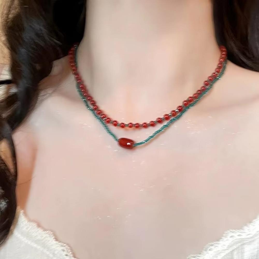 Zinc Alloy Neck Chain Red Blue Contrast Beads Strand Chokers Aesthetic Jewelry