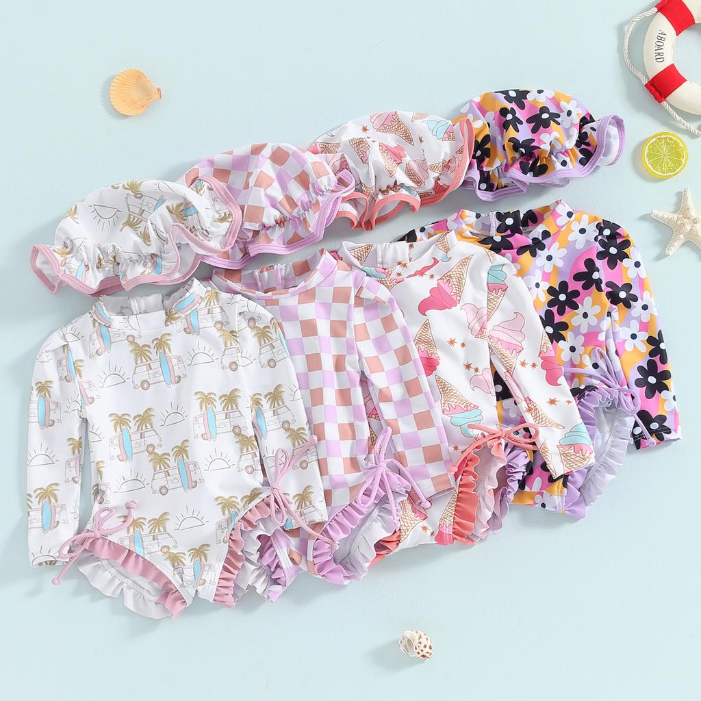 Купальник с длинным рукавом и принтом «Цветы/Мороженое» для девочки, детский купальный костюм, детская купальная одежда с солнцезащитной шляпой