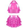 Girls Sparkling Dance Set Sleeveless Round Collar Backless Shiny Sequins Tiered Crop Top Elastic Waist Skirt