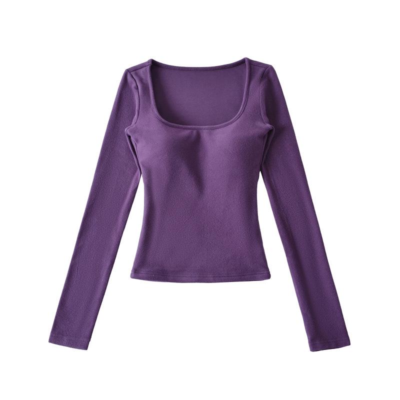 Korean Square Neck Slimming Long Sleeve T-Shirt with Chest Pads and Waist-Cinching Design for Women - Spring/Autumn