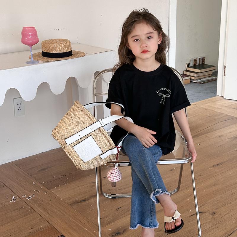 Свободное платье-футболка в корейском стиле для девочек с бантом сзади - летняя одежда с короткими рукавами, средний размер