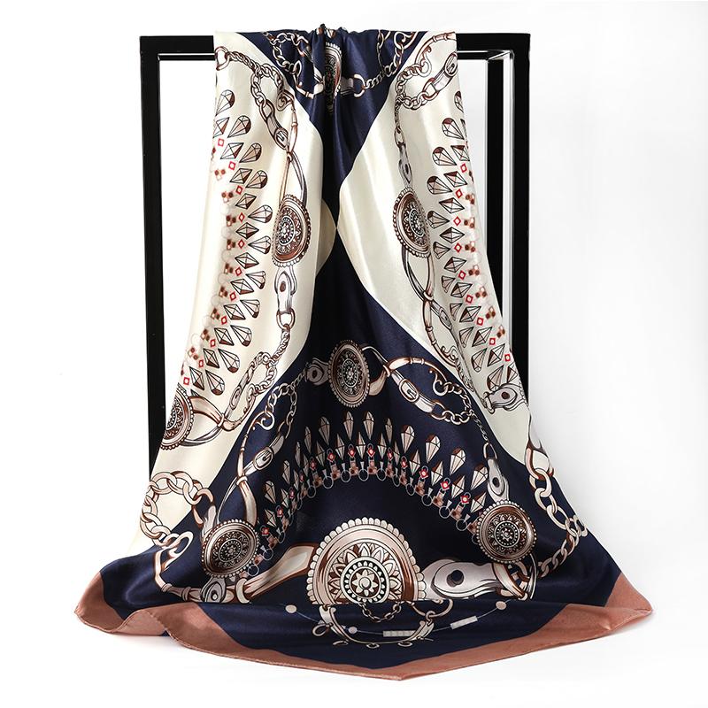 90*90cm Silk Square Scarf Women Luxury Brand Satin Hijab Scarves Female Shawl Print Headwraps Bandana Foulard Muffler Headband