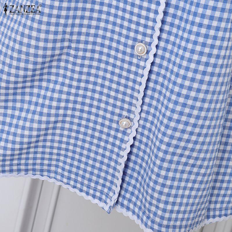 ZANZEA Женское повседневное платье с кружевной вставкой, кукольным воротником, коротким рукавом и клетчатым принтом