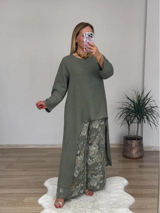 Комплект женский европейского и американского стиля из хлопка и льна: асимметричный топ и брюки широкого кроя, 2025