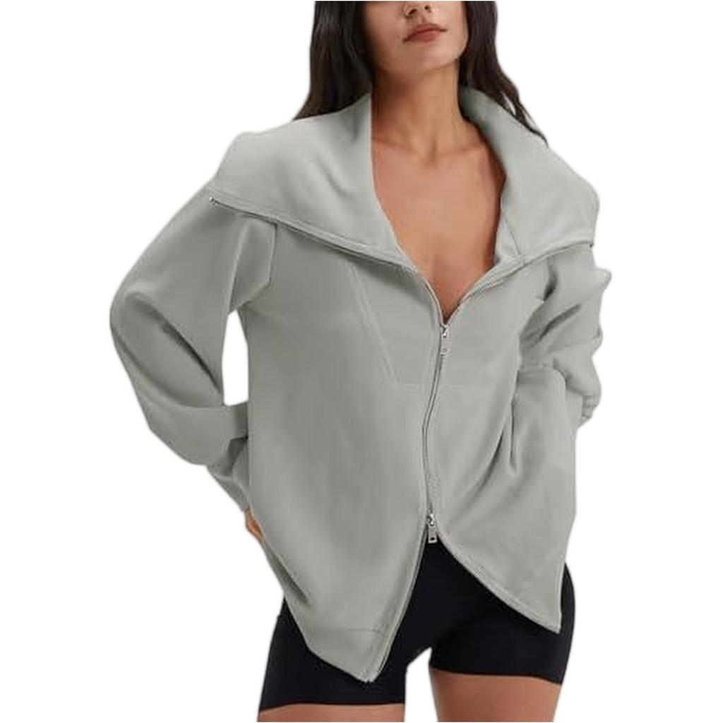 Women's Comfortable Casual And Fashionable V-neck Long Sleeved Solid Color Double Zipper Sports Shirt Jacket