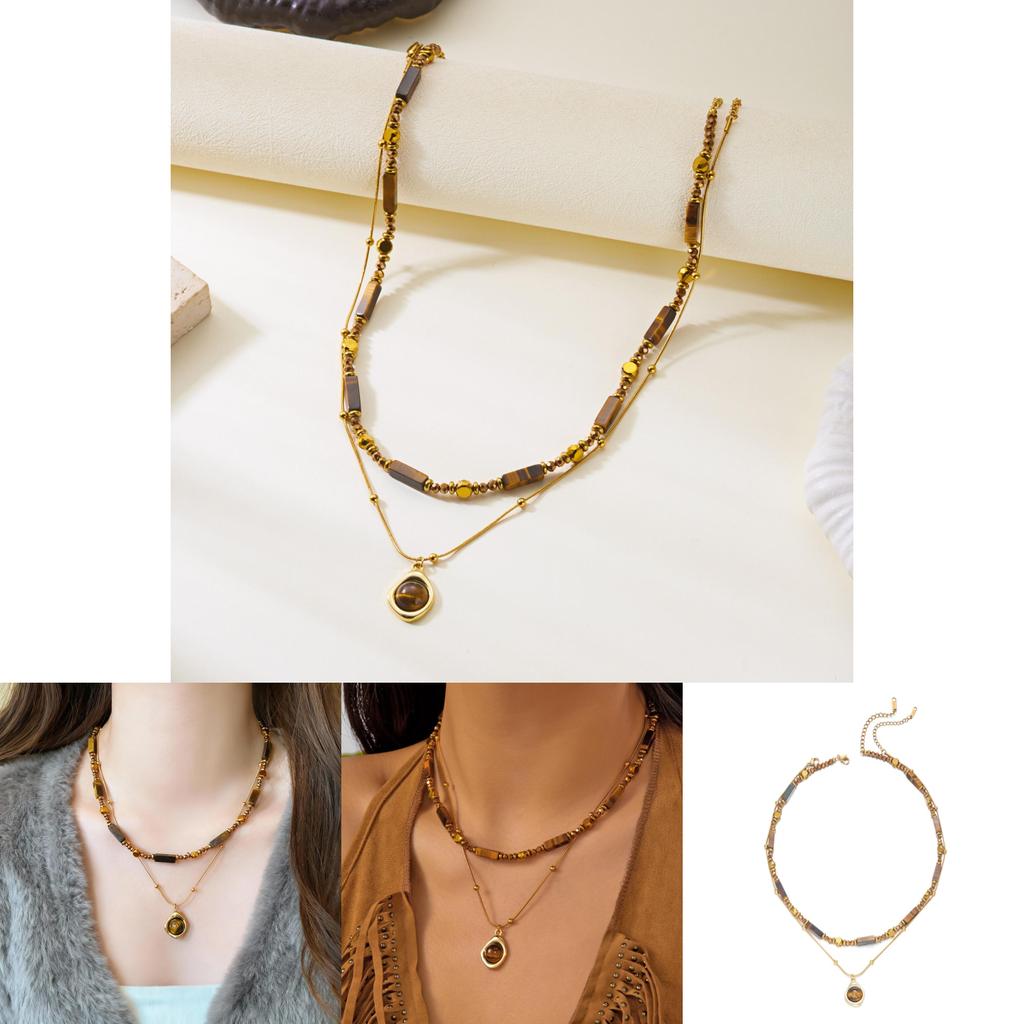 Tiger Eye Beaded Necklace With Steel Pendant Geometric Design For Fashion Casual Wear