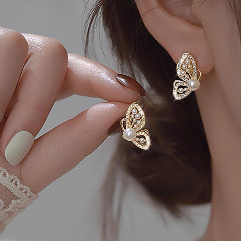 Elegant Fashion Zircon Butterfly Earrings for Women Korean Sweet Imitation Pearl Stud Earrings Girls Luxury Jewelry Party Gifts CDN