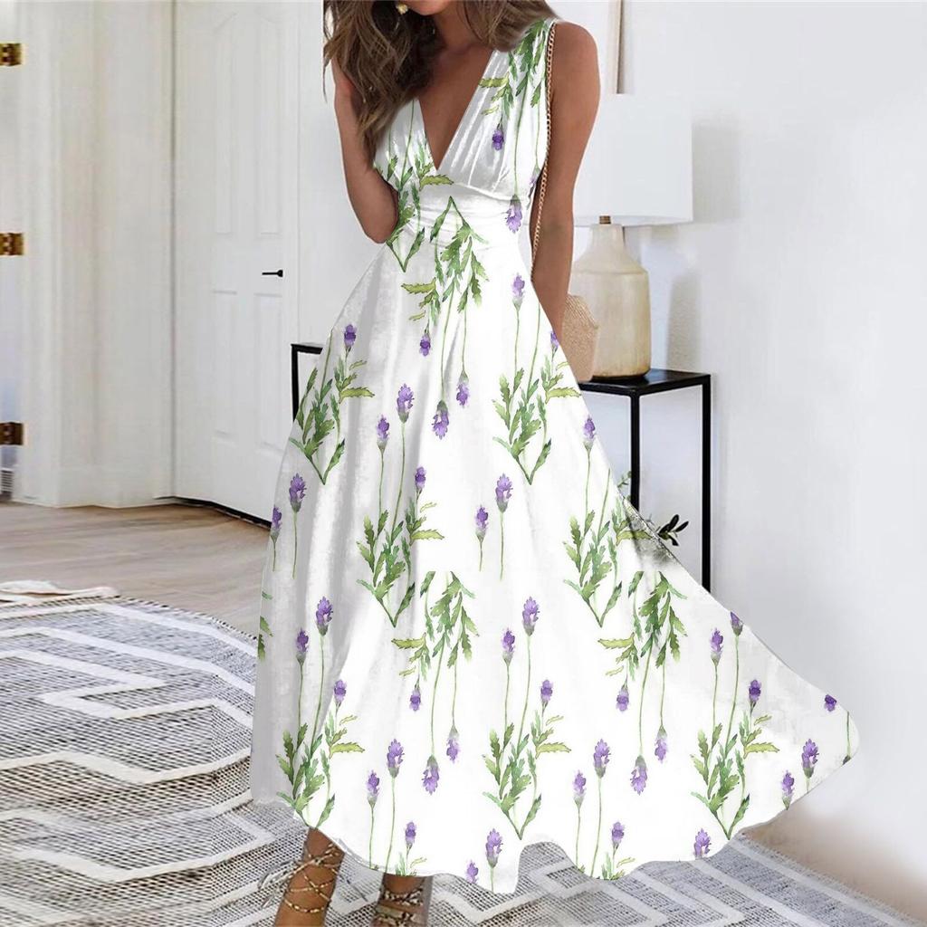 Женское длинное платье Платье макси Повседневное платье Летнее повседневное платье без рукавов с v-образным вырезом в стиле бохо с талией и принтом