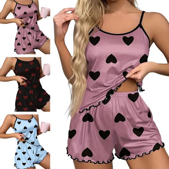 Женский пижамный комплект на бретельках без рукавов с принтом в виде сердца и шортами с оборками, комплект из двух предметов для сна, летний домашний костюм