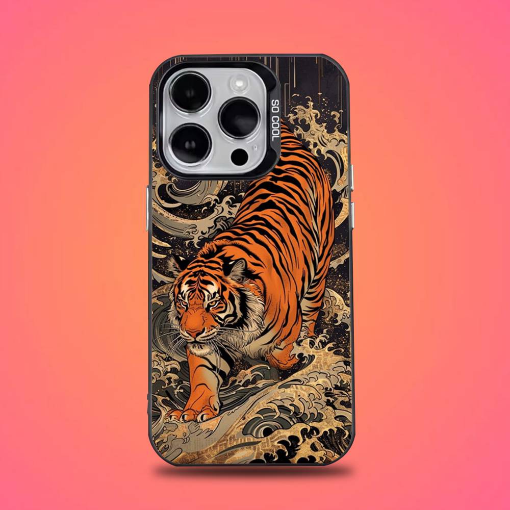 J-Японский Укиё-э Тигр Чехол для Телефона Для iPhone 17,16,15,14,13,12,11,Pro,XS,Max,Plus,Mini,SE4,E Черный Матовый Ударопрочный Чехол