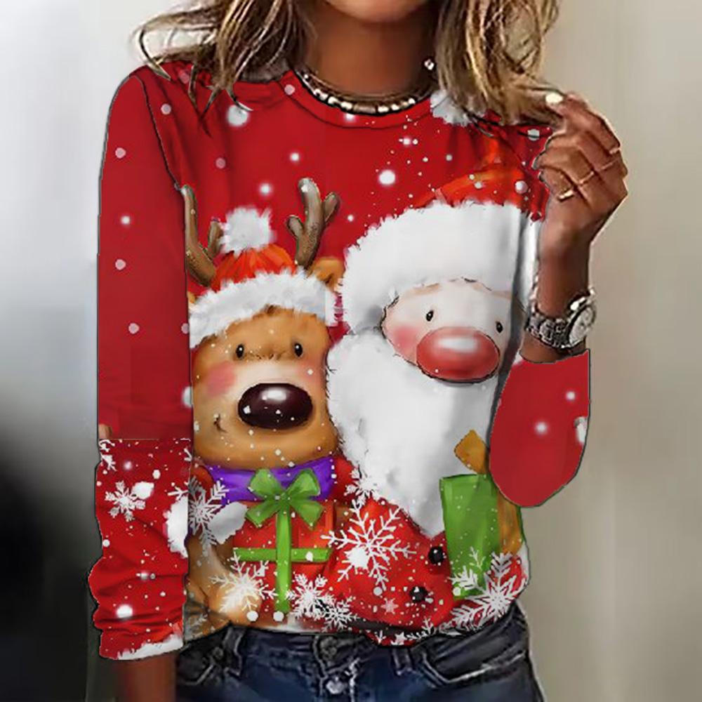 Летний топ с круглым вырезом и 3D рождественским принтом, модные и повседневные женские футболки с длинными рукавами