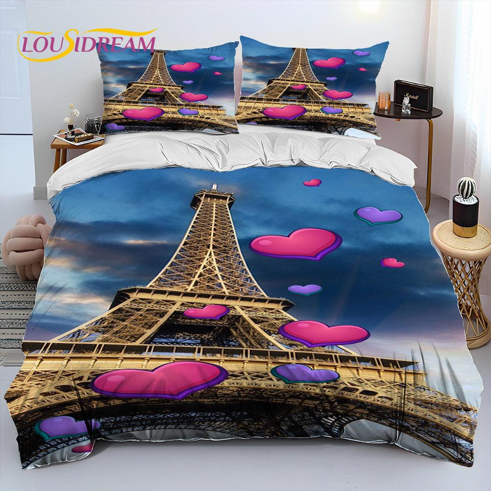 France Paris Eiffel Tower Comforter Bedding Set,Duvet Cover Bed Set Quilt Cover Pillowcase,King Queen Size Bedding Set Kid Adult