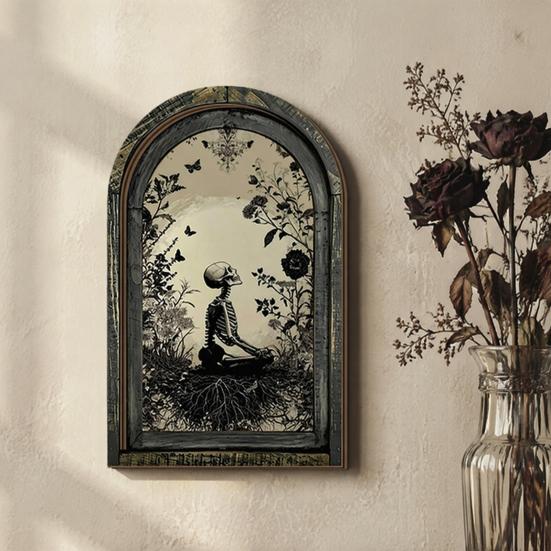 Dark Floral Halloween Art Arched Wooden Wall Decor, Ghost Cat Double-Layer Hanging Ornament, Distressed Gothic Medieval Window Style Decor Tabletop