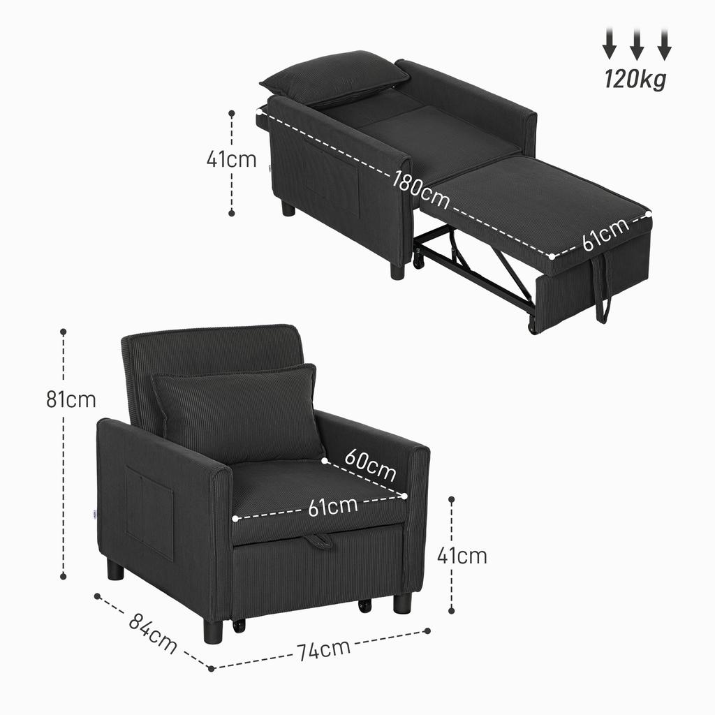 Reclining Sofa Bed Armchair with Side Pockets, in Velvet-Effect Fabric, 74x84x81 cm, Dark Grey