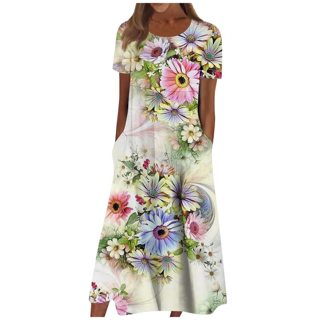 Women's Casual Dresses Printed Dresses Summer Dresses Printed Pleated Round Neck Midi Dresses Basic Classic Outdoor Daily Short Sleeve Loose Dresses