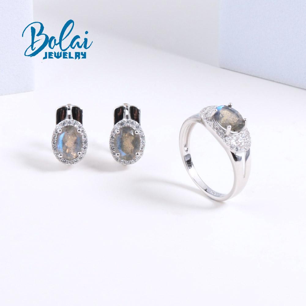 Bolaijewelry Классический дизайн, лабрадорит овальной формы, 6*8 мм, огранка из натурального драгоценного камня, комплект ювелирных изделий из стерлингового серебра 925 пробы, серьги-кольца, изысканные украшения для женщин