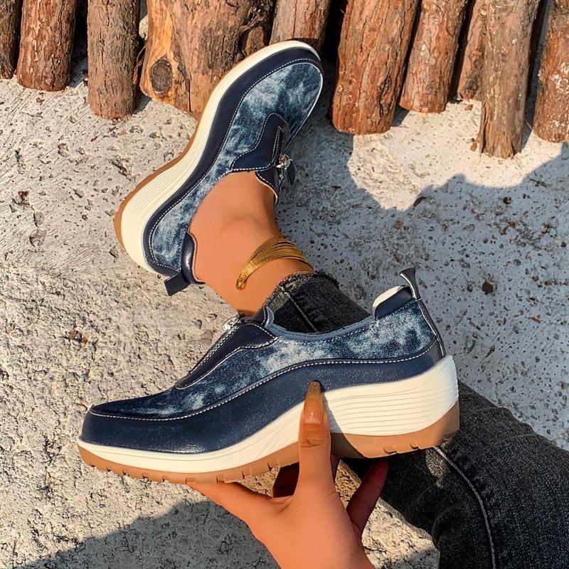 Модные женские туфли на покатом каблуке, новые осенние туфли с круглым носком, глубоким воротом, молнией спереди, мягкой подошвой, нескользящей толстой подошвой, туфли на среднем каблуке