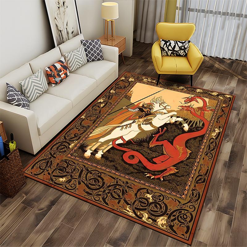 "Medieval Knight Fighting Red Dragons Carpet, Fantasy Art Decor Rug" Suitable for use as an anti-slip for living room bedroom sofas