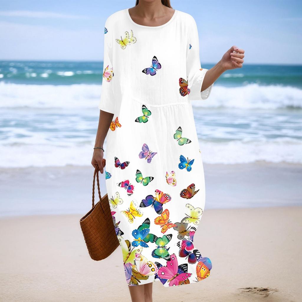 Женское модное платье свободного кроя с принтом, круглым вырезом и рукавом три четверти