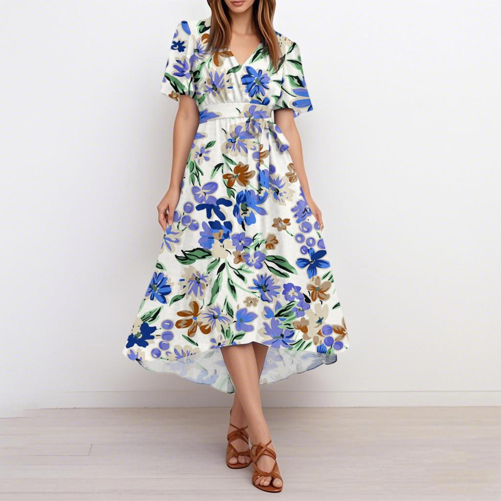 Women's Summer Fashion V-Neck Flared Dress Short Sleeve Floral Dresses