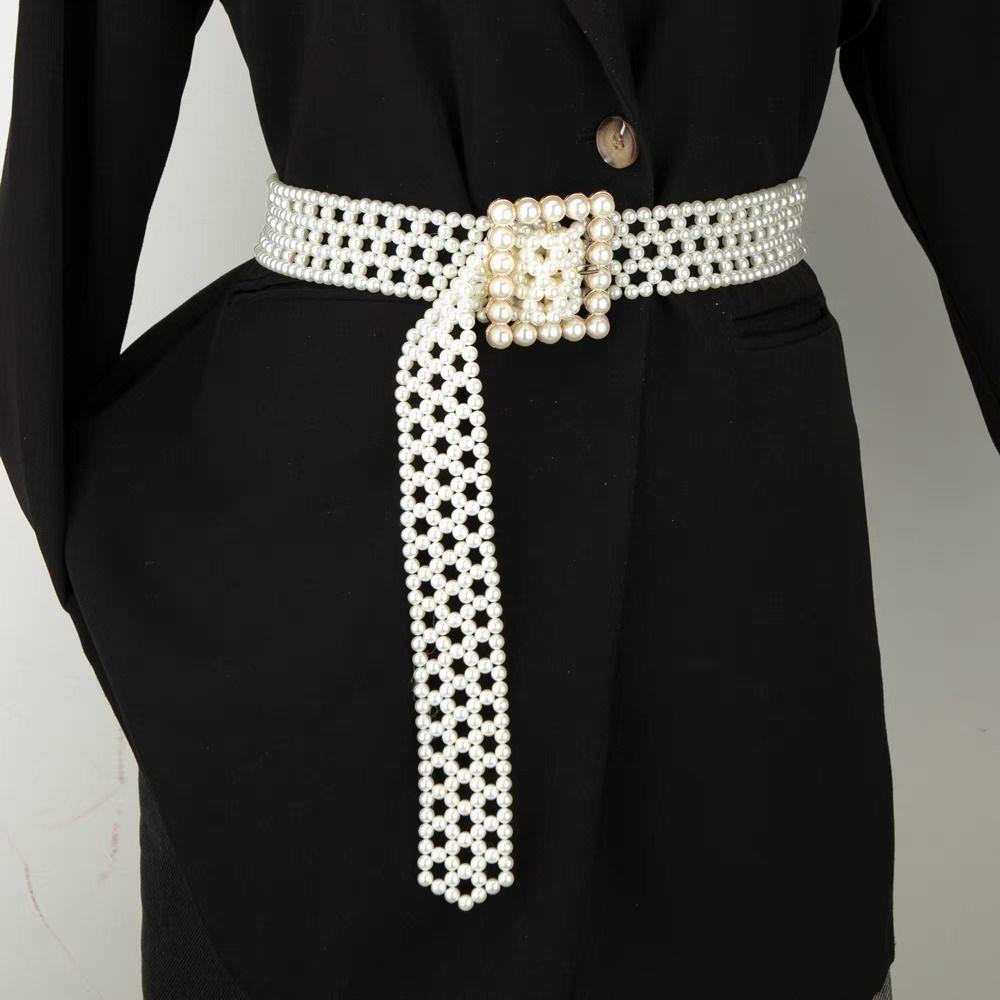 Buckle Coat Belt Elastic Band Beadeds Body Chain Elegant Pearl Waist Belt Women