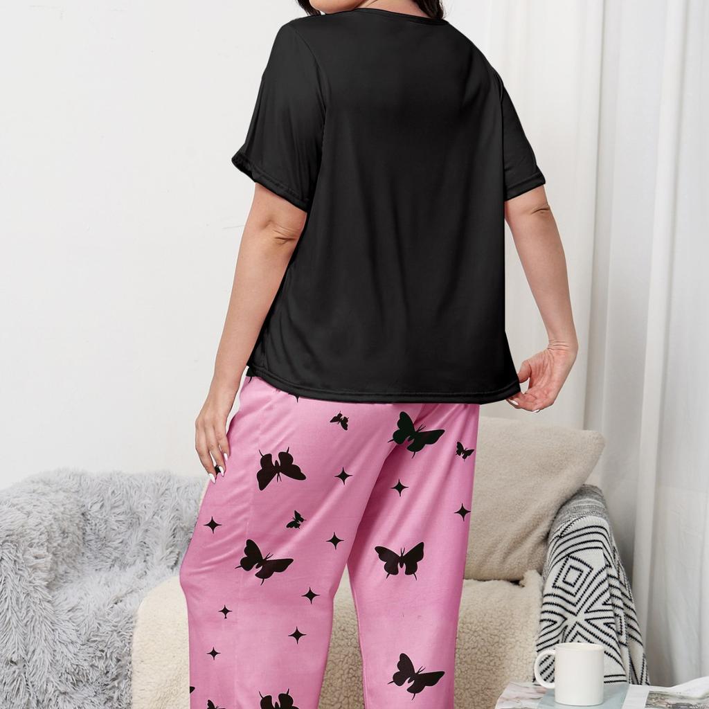 Summer Thin Pajamas Women's Short-sleeved Trousers Suit Plus Size Leisure Loose Round Neck Homewear