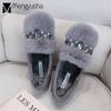 Fashion Ladies Rabbit Hair Fur Shoes Big Size Rhinestone Winter Plush Cotton Loafers Flat Heels Crystal Creepers New Moccasins Women